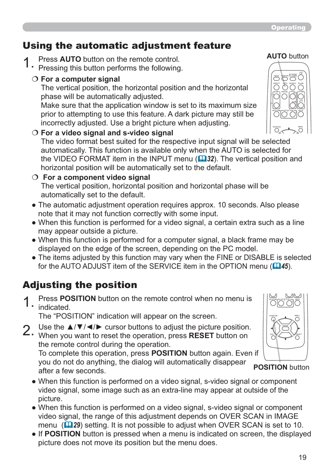 Hitachi CP-X2511 Using the automatic adjustment feature, Adjusting the position, €For a video signal and s-video signal 