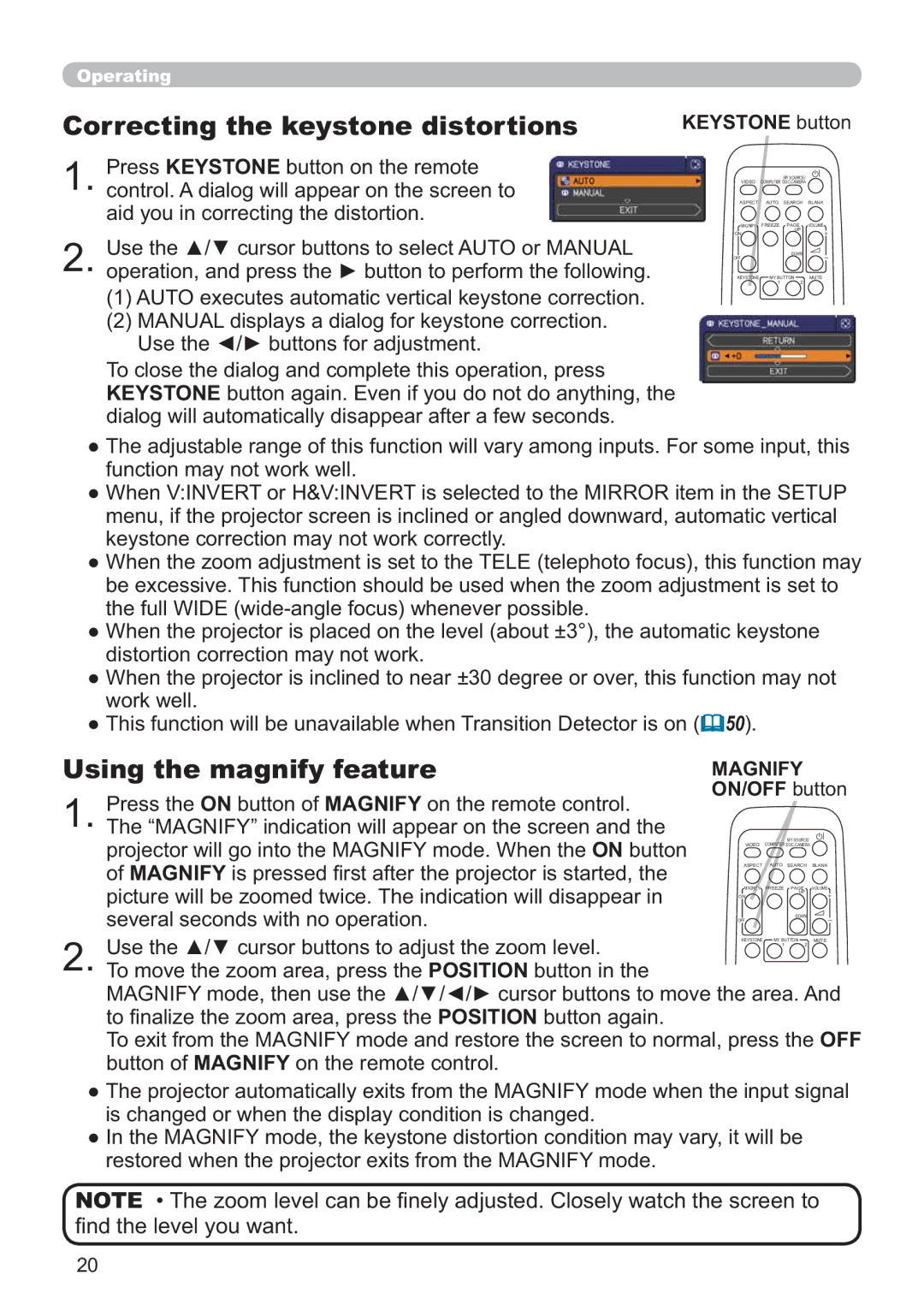 Hitachi CP-X3011, CP-X2011, CP-X3511, CP-X3010Z, CP-X2511 Correcting the keystone distortions, Using the magnify feature 