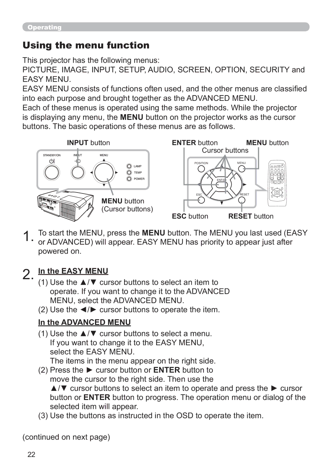 Hitachi CP-X3511, CP-X2011, CP-X3010Z, CP-X2511, CP-X3011 user manual Using the menu function, Advanced Menu 