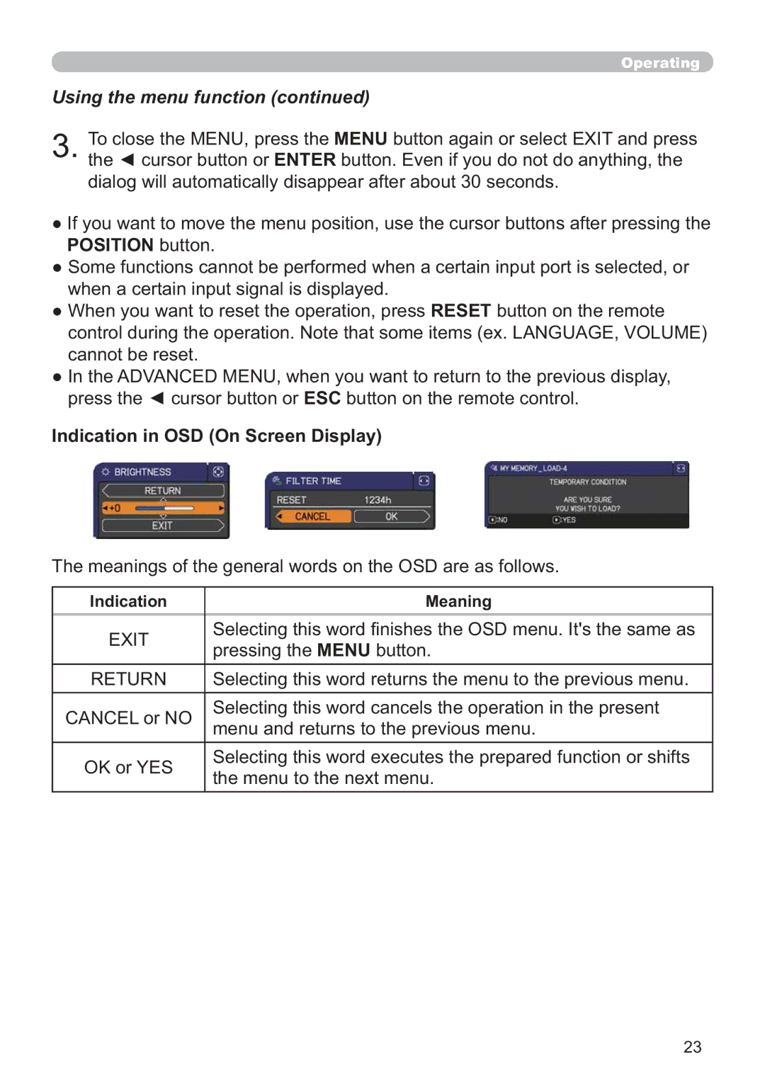 Hitachi CP-X3010Z Indication in OSD On Screen Display, SuhvvlqjWkhMenuExwwrq, PhqxDqgUhwxuqvWrWkhSuhylrxvPhqx 