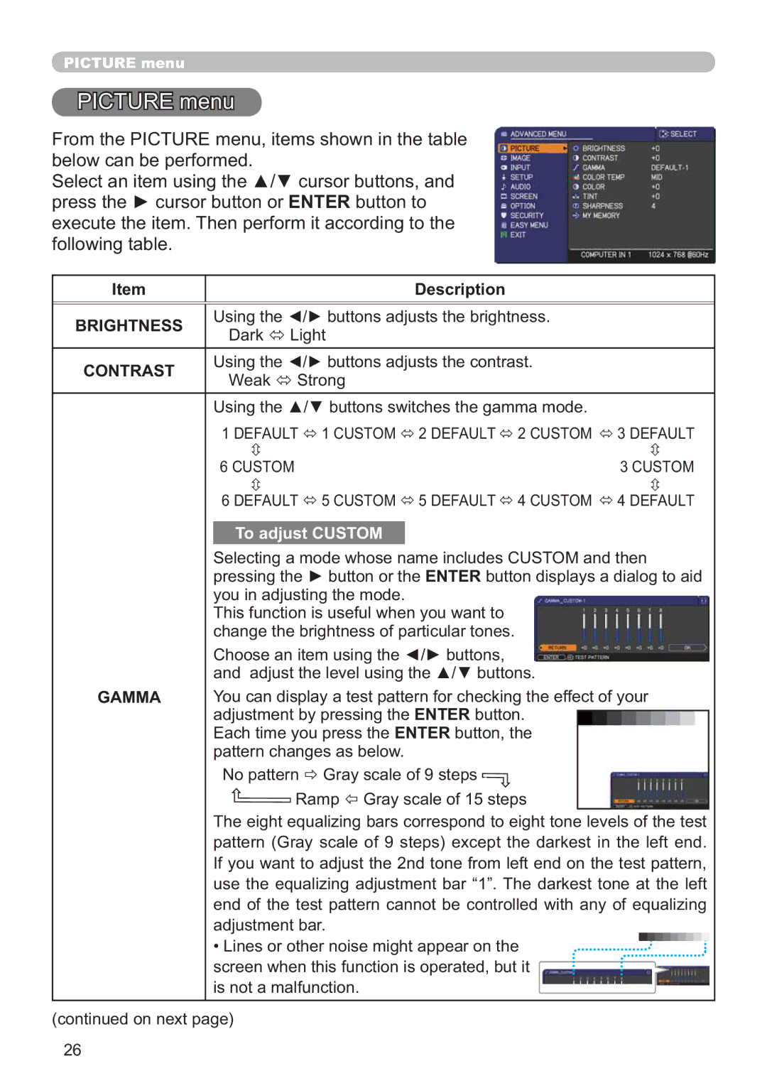 Hitachi CP-X2011, CP-X3511, CP-X3010Z, CP-X2511, CP-X3011 user manual 785PHQX, IroorzlqjWdeoh, Brightness, Contrast, Gamma 