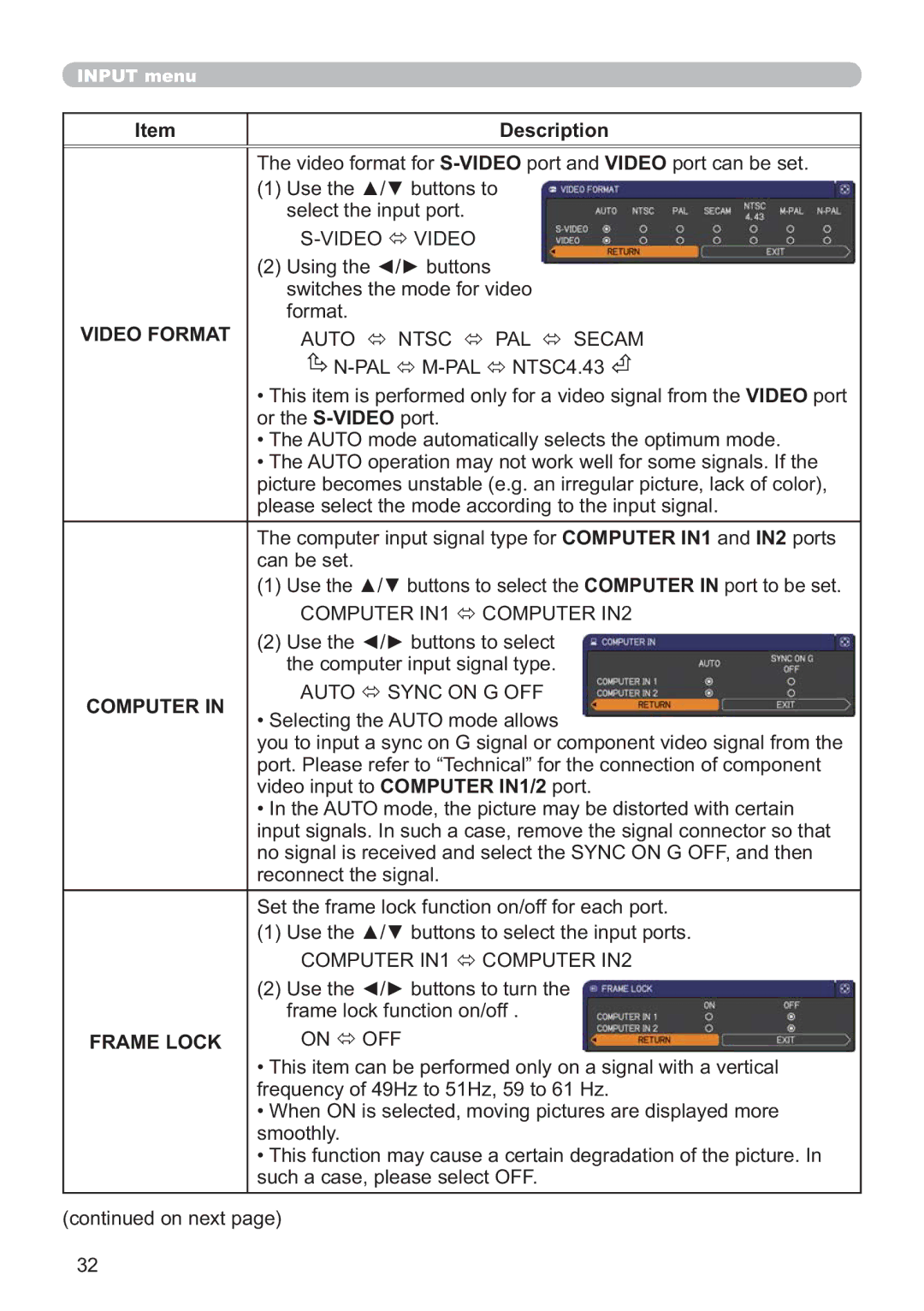 Hitachi CP-X3511, CP-X2011, CP-X3010Z, CP-X2511, CP-X3011 user manual Video Format, Computer, Frame Lock 