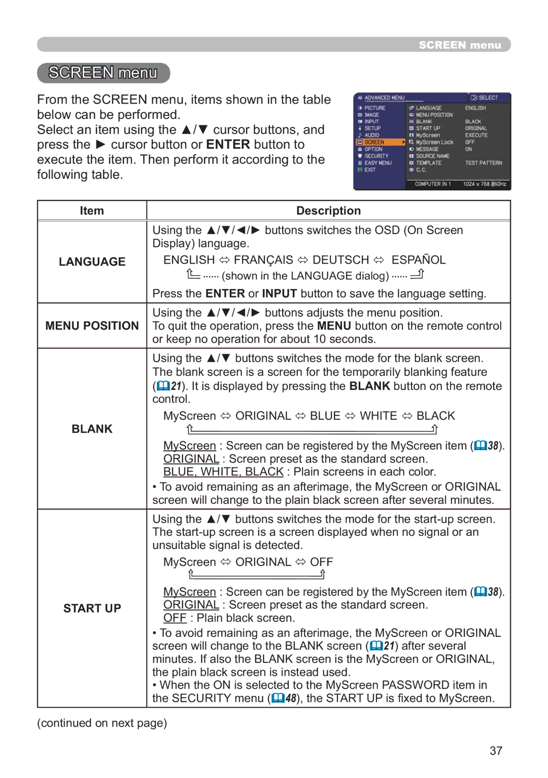 Hitachi CP-X3511, CP-X2011, CP-X3010Z, CP-X2511, CP-X3011 user manual 51PHQX, Blank, Start UP 