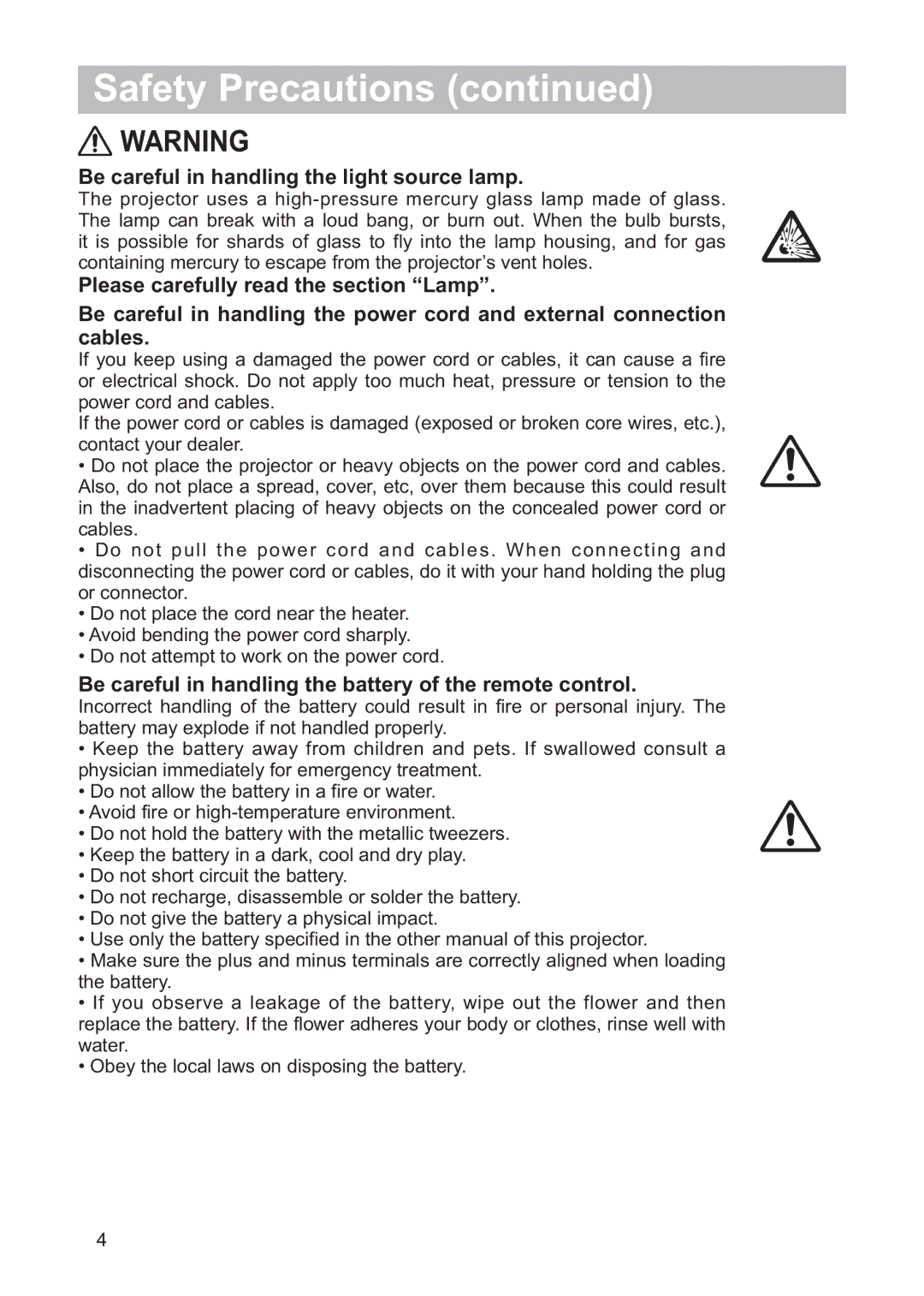 Hitachi CP-X2011 Be careful in handling the light source lamp, Be careful in handling the battery of the remote control 