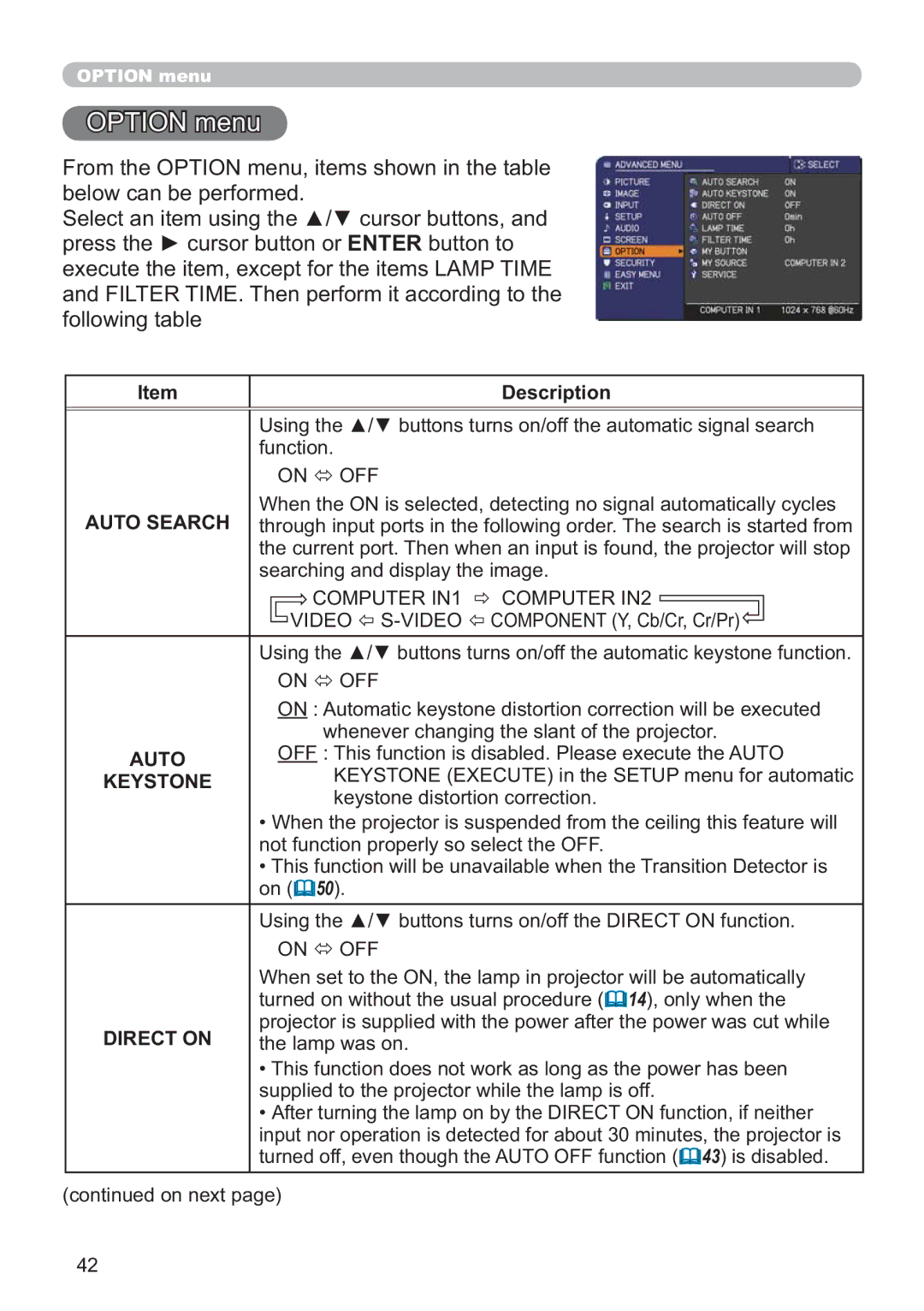 Hitachi CP-X3511, CP-X2011, CP-X3010Z, CP-X2511, CP-X3011 user manual 237,21PHQX, IroorzlqjWdeoh, Auto Search, Direct on 