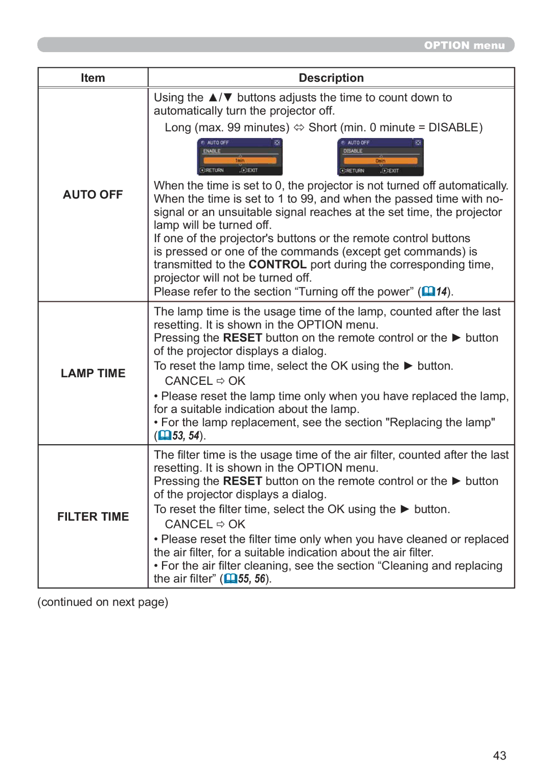 Hitachi CP-X3010Z, CP-X2011, CP-X3511, CP-X2511, CP-X3011 user manual Auto OFF, Lamp Time 