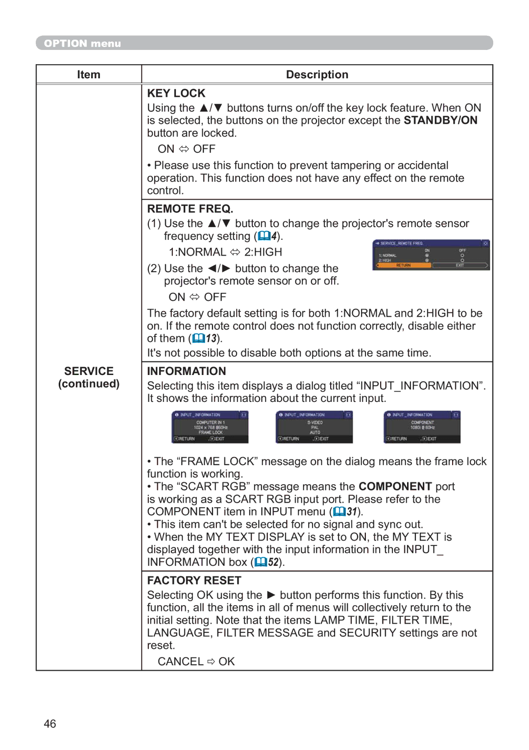 Hitachi CP-X2011, CP-X3511, CP-X3010Z, CP-X2511, CP-X3011 KEY Lock, Remote Freq, Service Information, Factory Reset, Uhvhw 