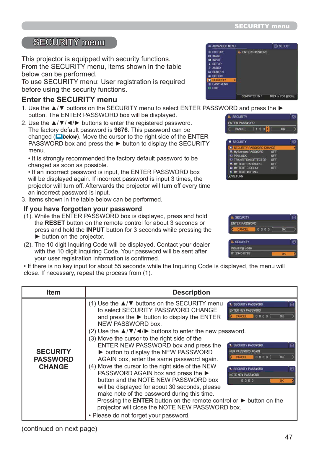 Hitachi CP-X3511, CP-X2011, CP-X3010Z, CP-X2511, CP-X3011 user manual 85,7PHQX, Enter the Security menu, Password, Change 