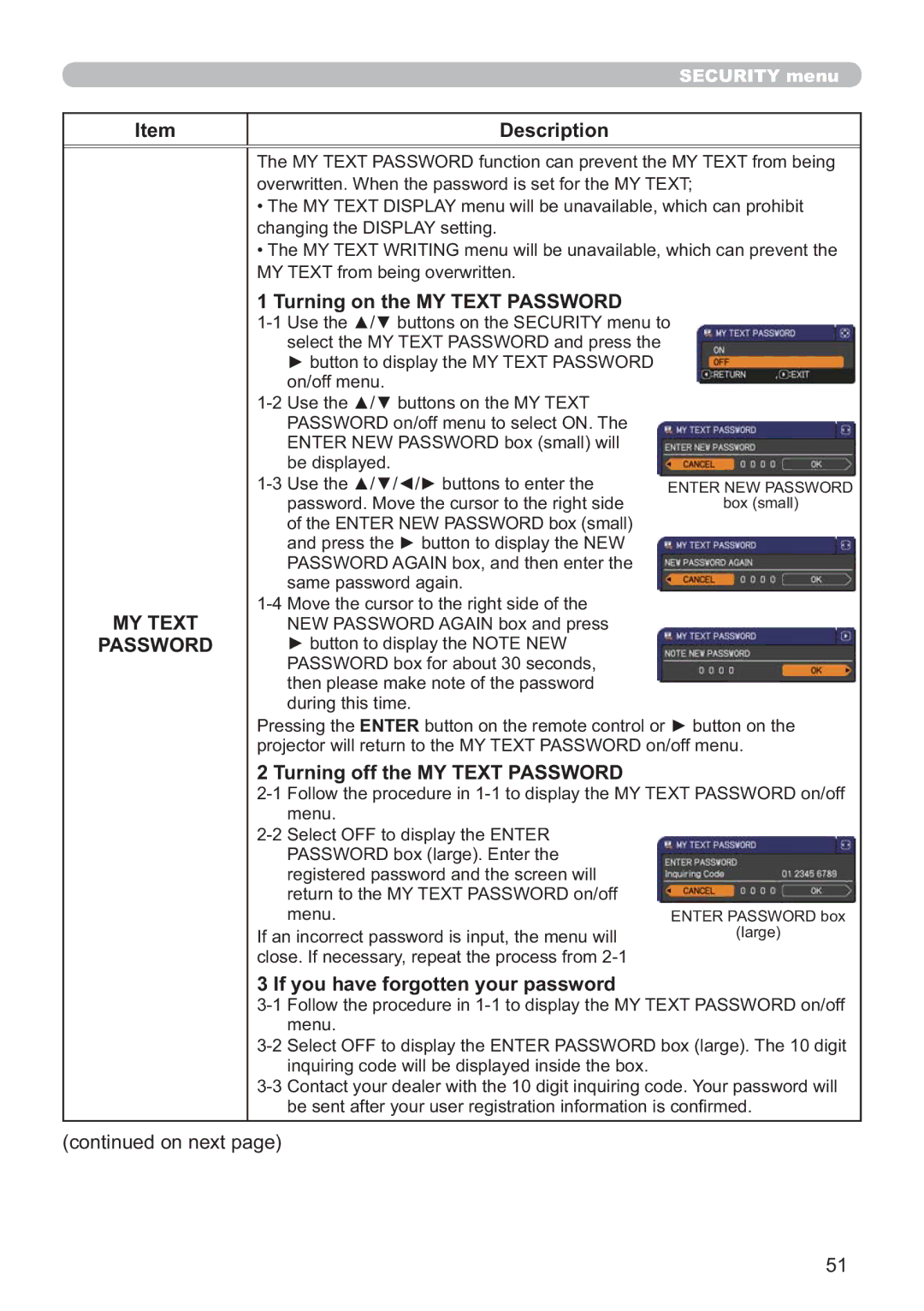 Hitachi CP-X2011, CP-X3511 Turning on the MY Text Password, Turning off the MY Text Password, VdphSdvvzrugDjdlq 