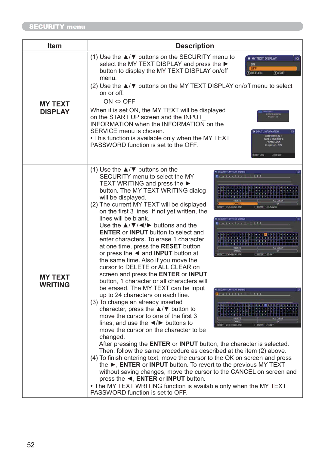 Hitachi CP-X3511, CP-X2011, CP-X3010Z, CP-X2511, CP-X3011 user manual MY Text, Writing 