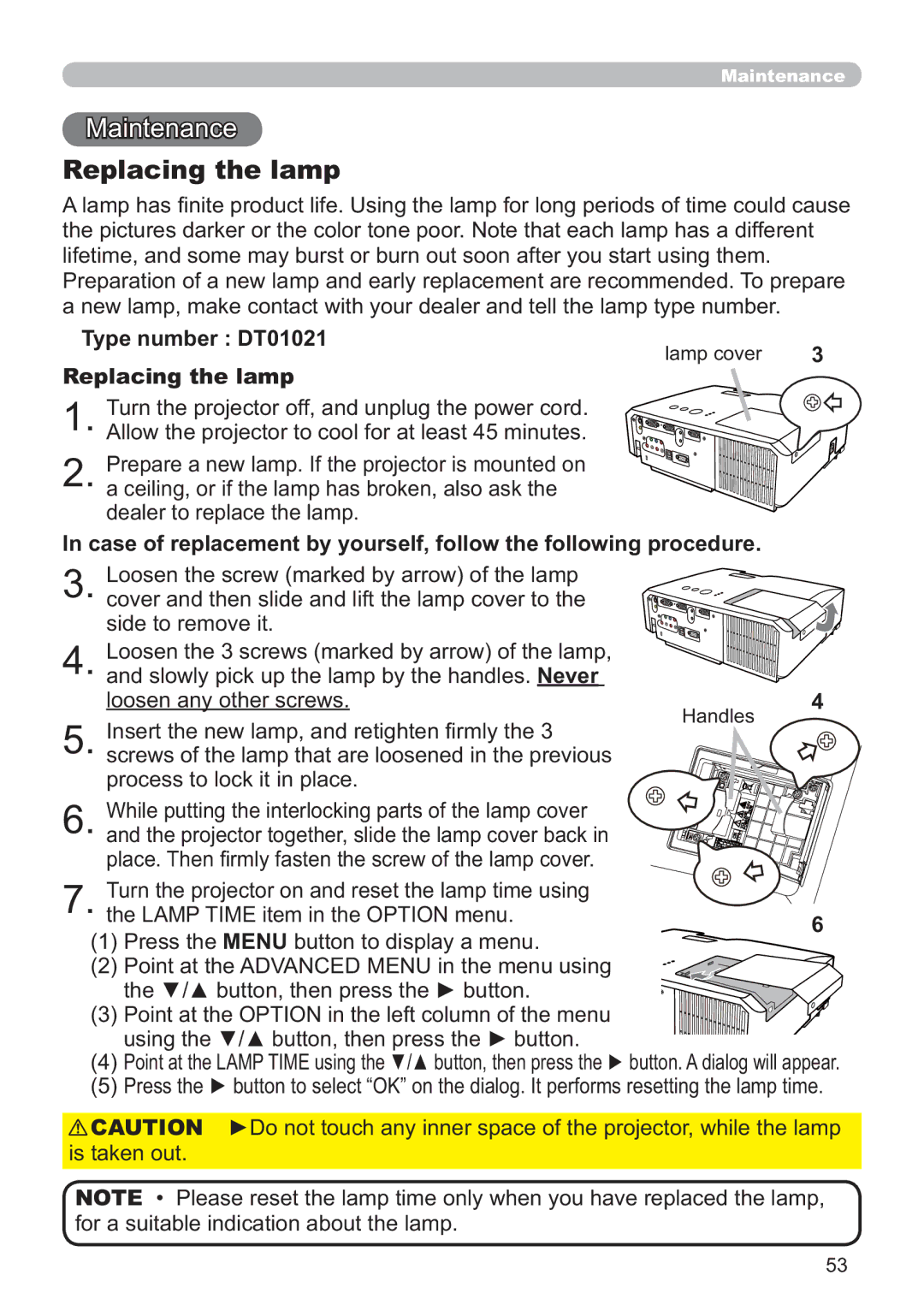 Hitachi CP-X3010Z, CP-X2011, CP-X3511, CP-X2511 Type number DT01021 Replacing the lamp, GhdohuWrUhsodfhWkhOdps 