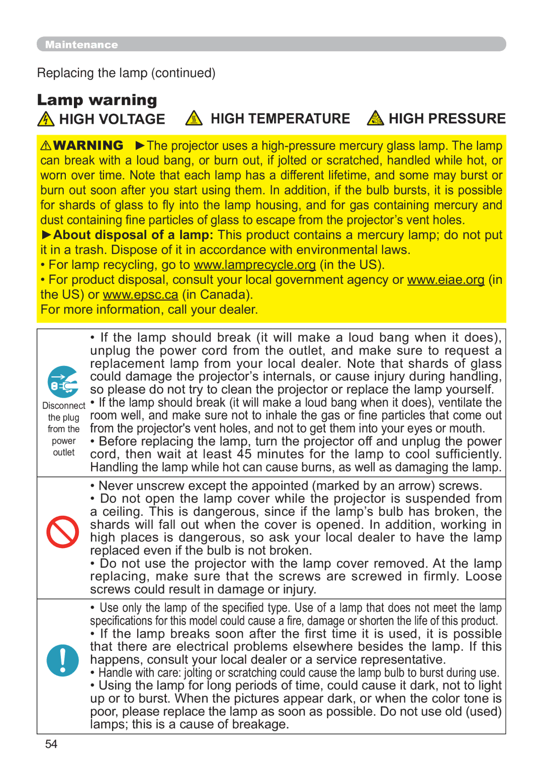 Hitachi CP-X2511, CP-X2011, CP-X3511, CP-X3010Z, CP-X3011 user manual Lamp warning, High Voltage High Temperature 