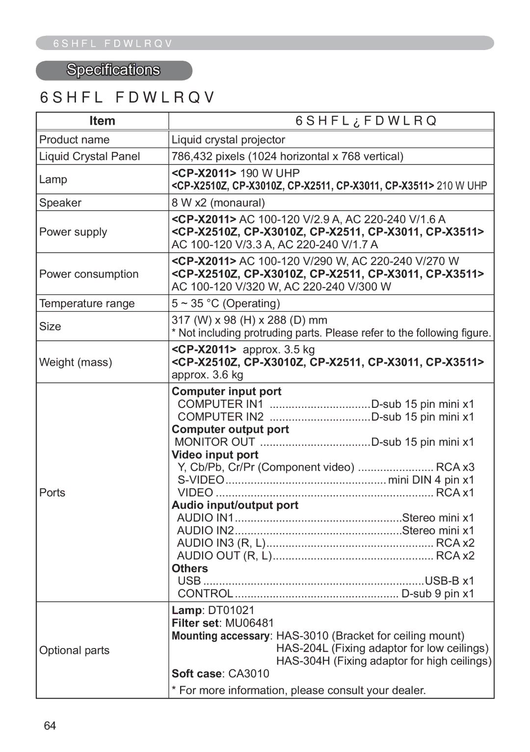 Hitachi CP-X2511, CP-X2011, CP-X3511, CP-X3010Z, CP-X3011 user manual 6SHFL¿FDWLRQ 