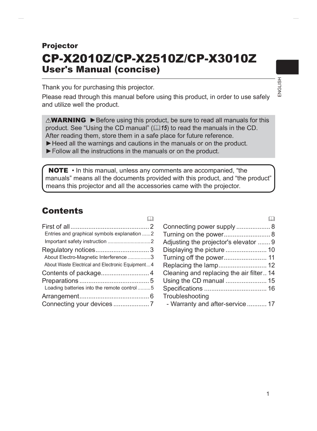 Hitachi CP-X2011, CP-X3511, CP-X2511, CP-X3011 user manual CP-X2010Z/CP-X2510Z/CP-X3010Z, Contents 