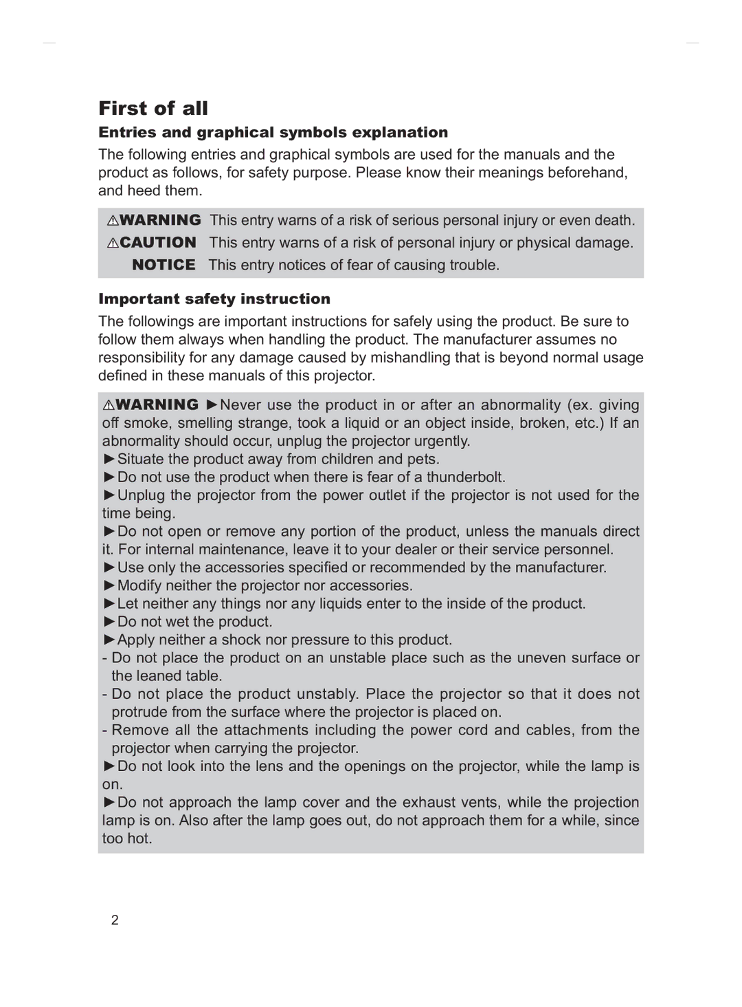 Hitachi CP-X3511, CP-X2011, CP-X3010Z First of all, Entries and graphical symbols explanation, Important safety instruction 