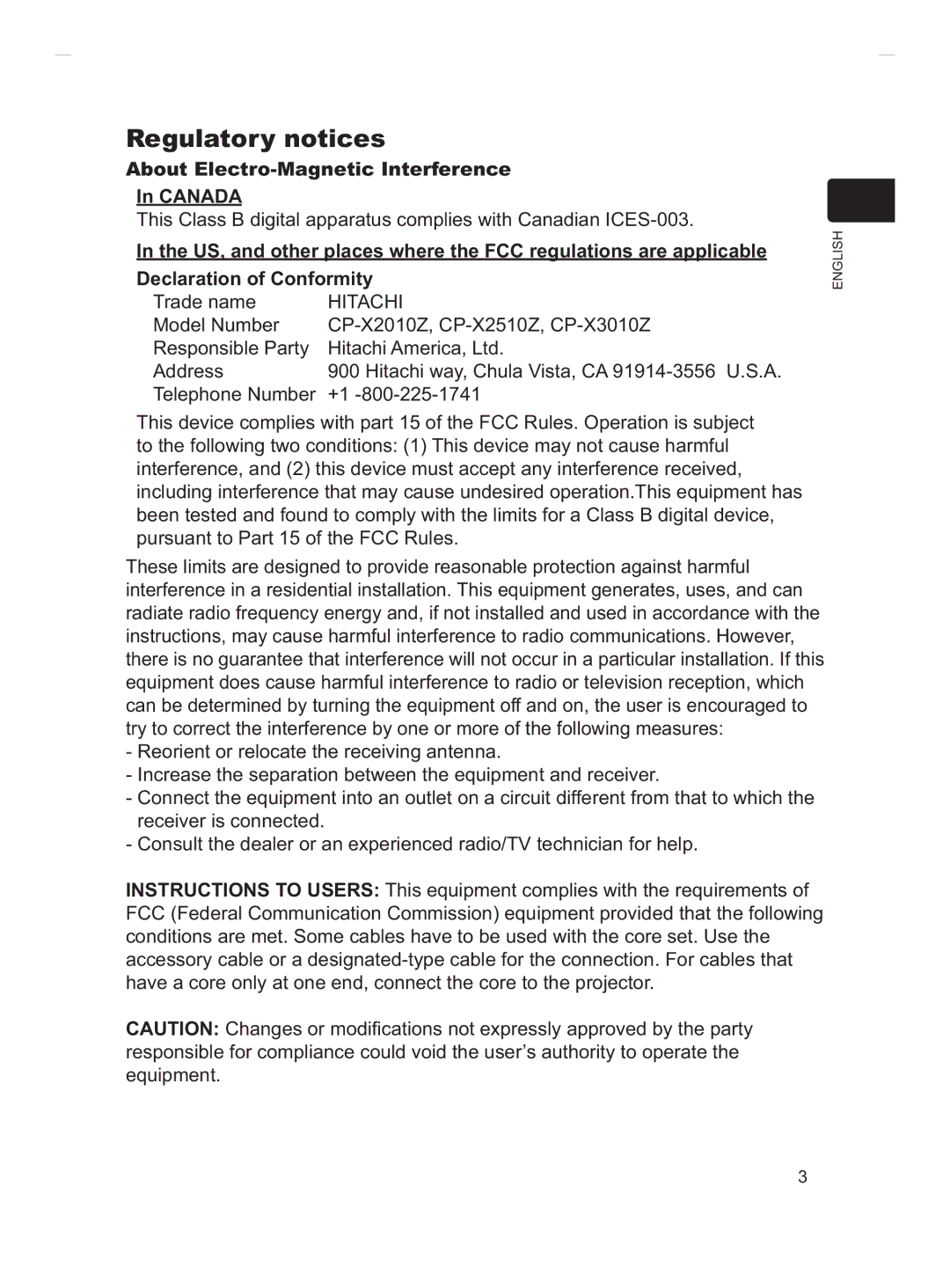 Hitachi CP-X3010Z, CP-X2011, CP-X3511, CP-X2511 Regulatory notices, About Electro-Magnetic Interference Canada, Hitachi 
