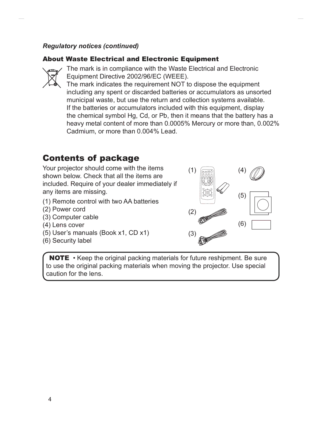 Hitachi CP-X2511, CP-X2011, CP-X3511, CP-X3010Z, CP-X3011 user manual Contents of package 