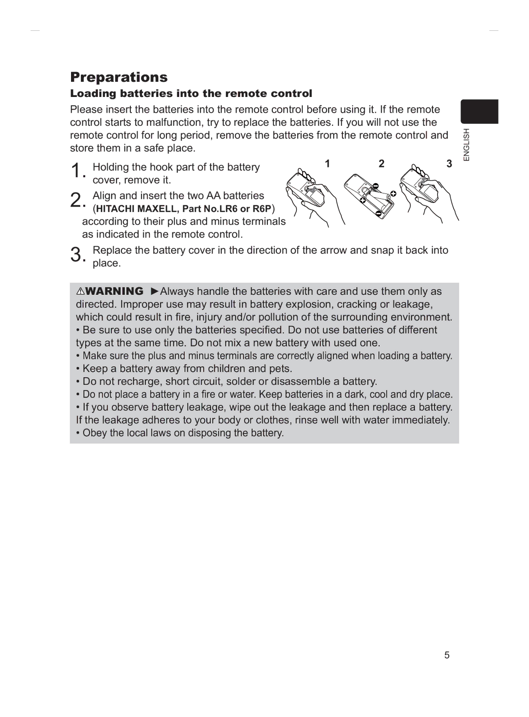 Hitachi CP-X3011, CP-X2011, CP-X3511, CP-X3010Z, CP-X2511 user manual Preparations, Loading batteries into the remote control 