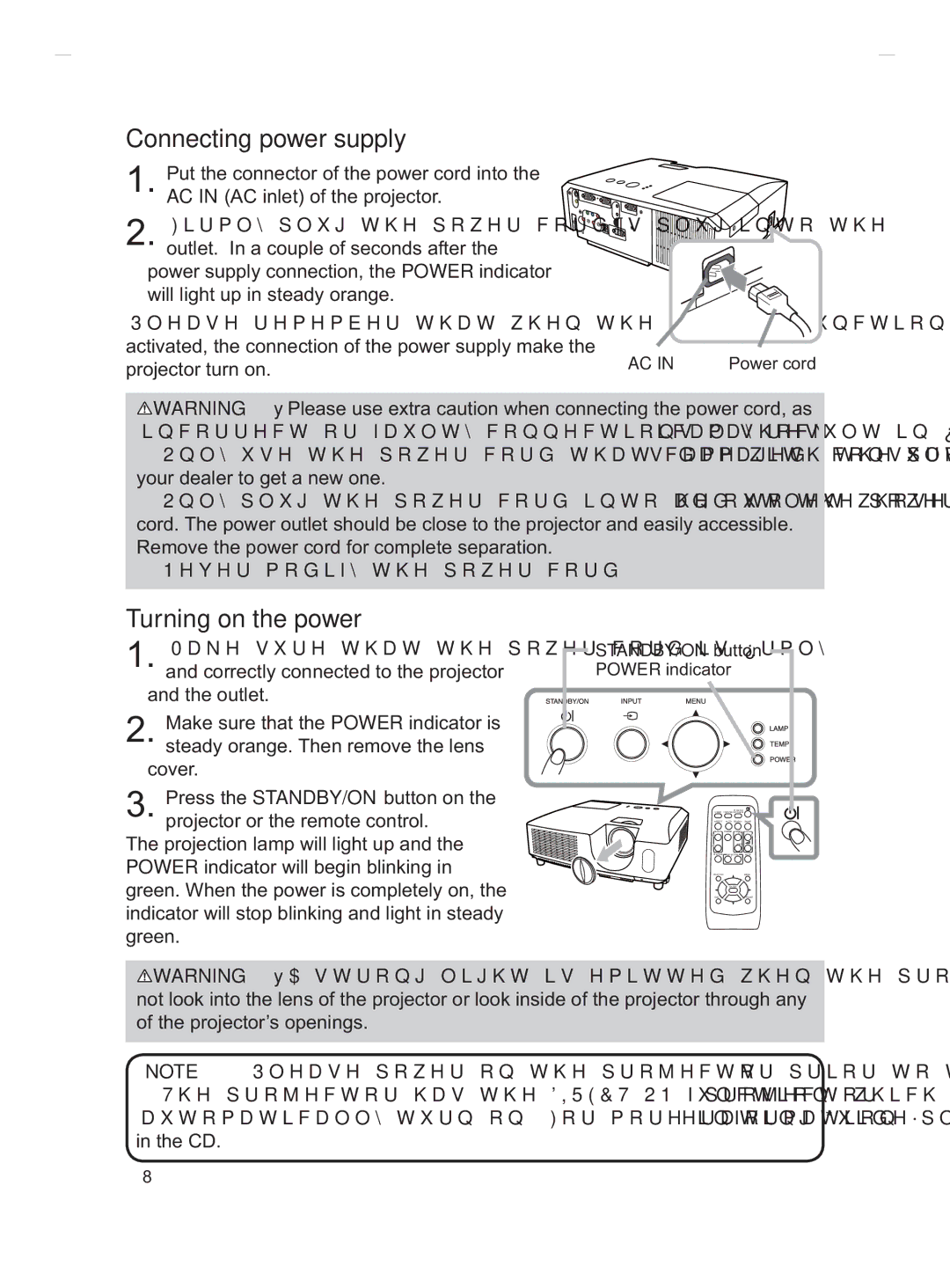 Hitachi CP-X3010Z, CP-X2011, CP-X3511 Connecting power supply, Turning on the power, STANDBY/ON button Power indicator 