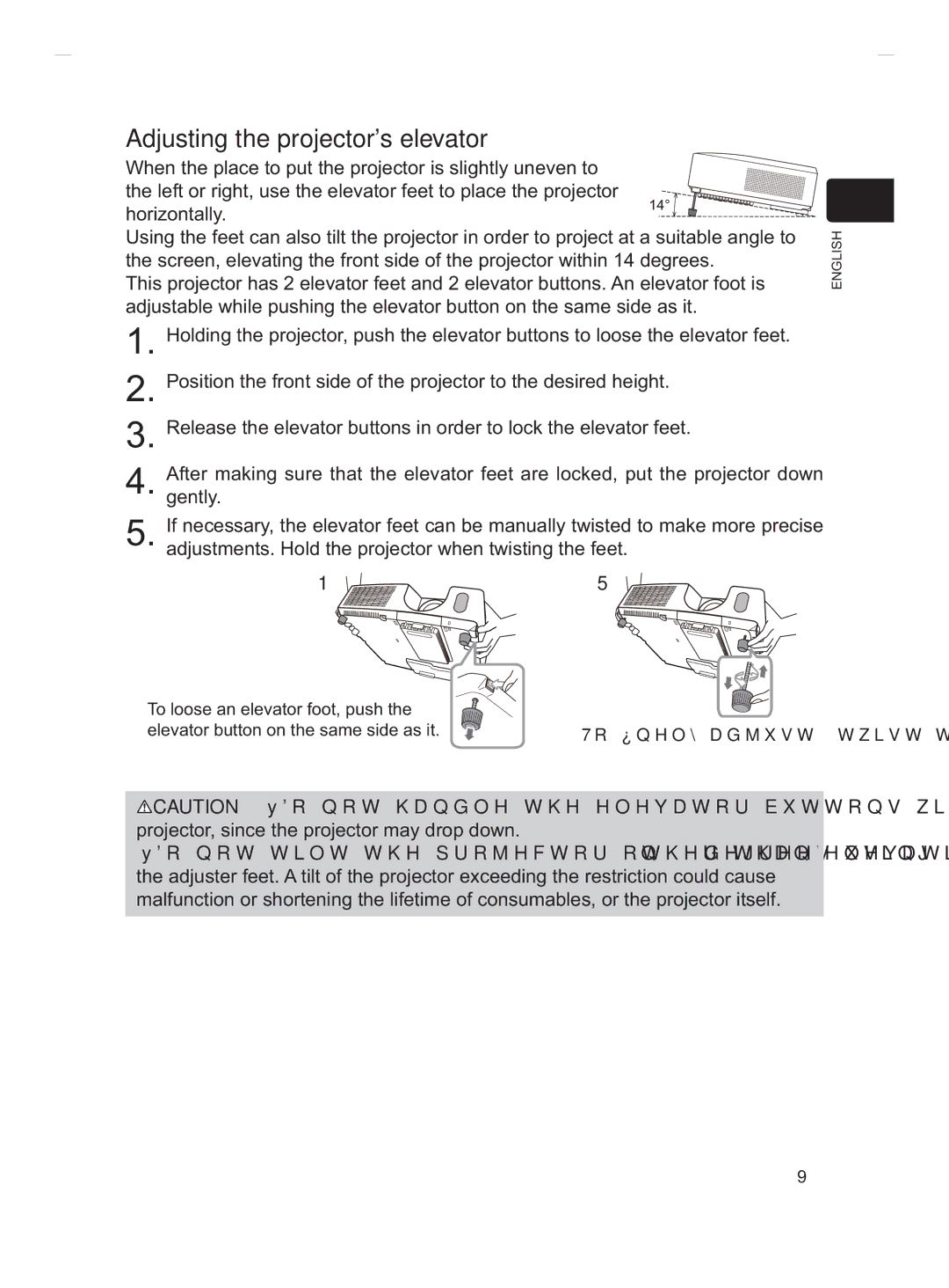 Hitachi CP-X2511, CP-X2011, CP-X3511, CP-X3010Z, CP-X3011 user manual Adjusting the projectors elevator 