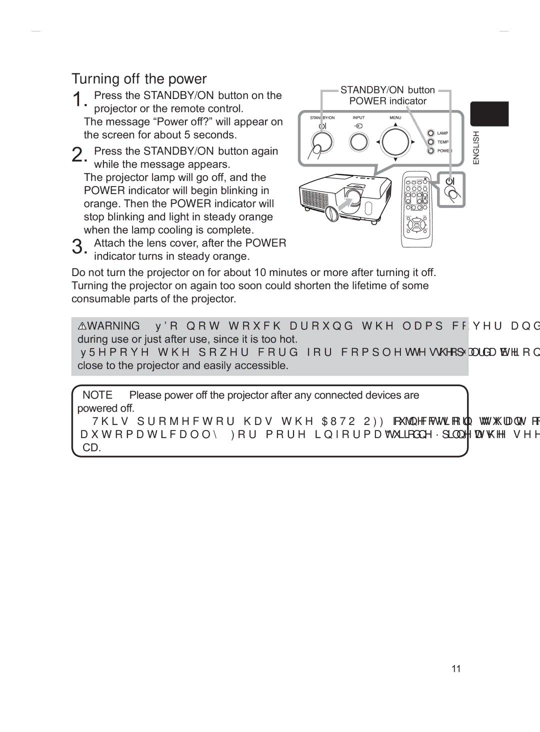 Hitachi CP-X2011, CP-X3511, CP-X3010Z, CP-X2511, CP-X3011 user manual Turning off the power, STANDBY/ON button, Power indicator 