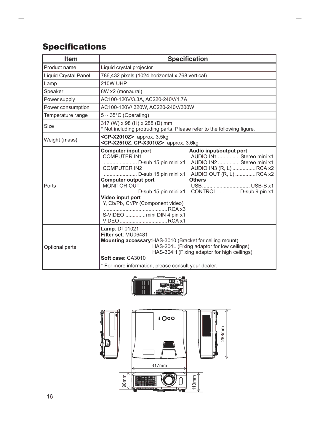 Hitachi CP-X2011, CP-X3511, CP-X3010Z, CP-X2511, CP-X3011 user manual 6SHFLÀFDWLRQV 