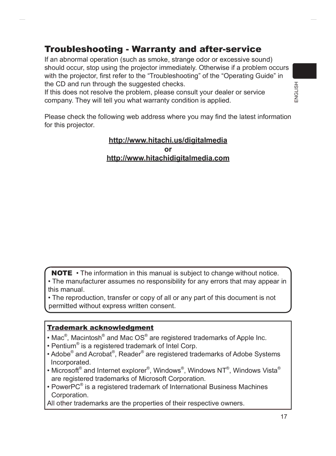 Hitachi CP-X3511, CP-X2011, CP-X3010Z, CP-X2511 Troubleshooting Warranty and after-service, Trademark acknowledgment 