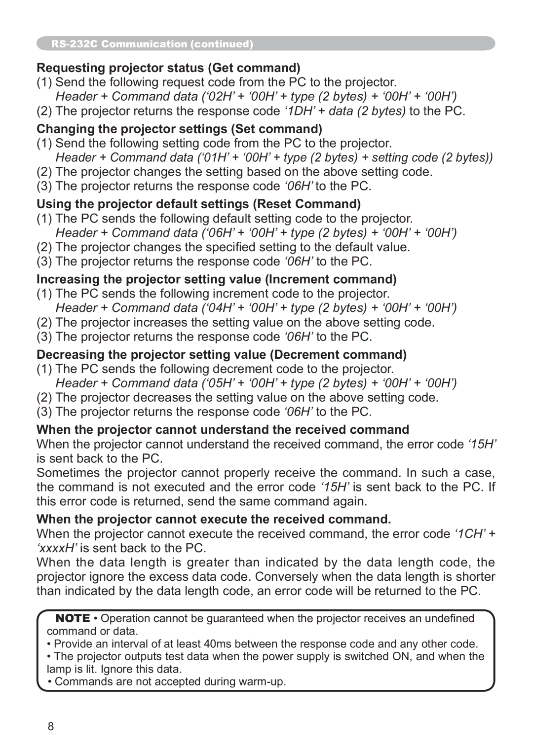 Hitachi CP-X305, CP-X205 user manual Requesting projector status Get command, Changing the projector settings Set command 