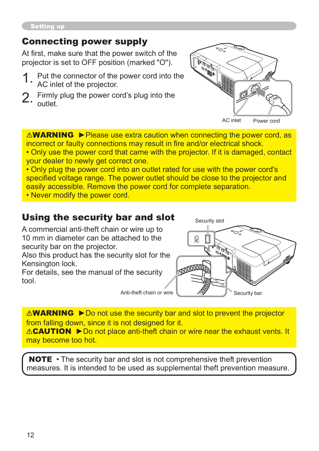 Hitachi CP-X305, CP-X205 Connecting power supply, Using the security bar and slot, ‡1HYHUPRGLI\WKHSRZHUFRUG 