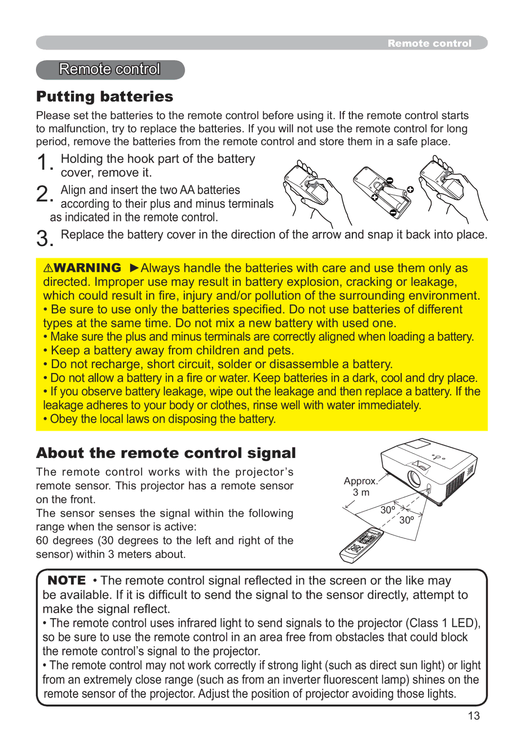 Hitachi CP-X205, CP-X305 user manual Putting batteries, About the remote control signal 