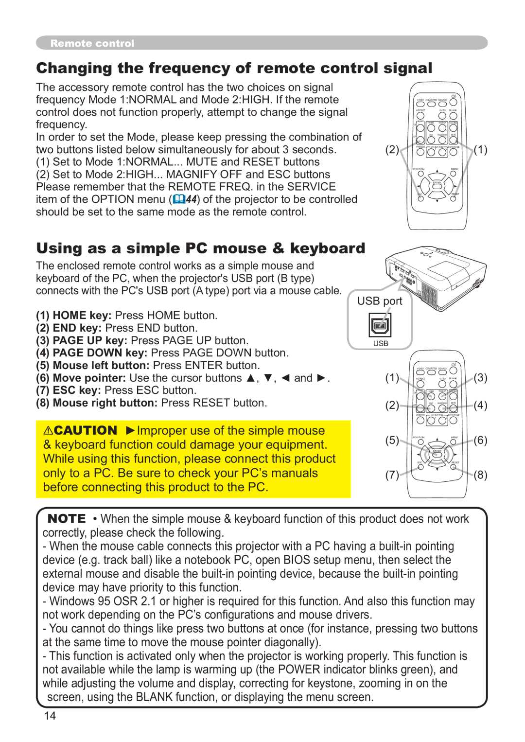 Hitachi CP-X305 Changing the frequency of remote control signal, Using as a simple PC mouse & keyboard, Iuhtxhqf\ 