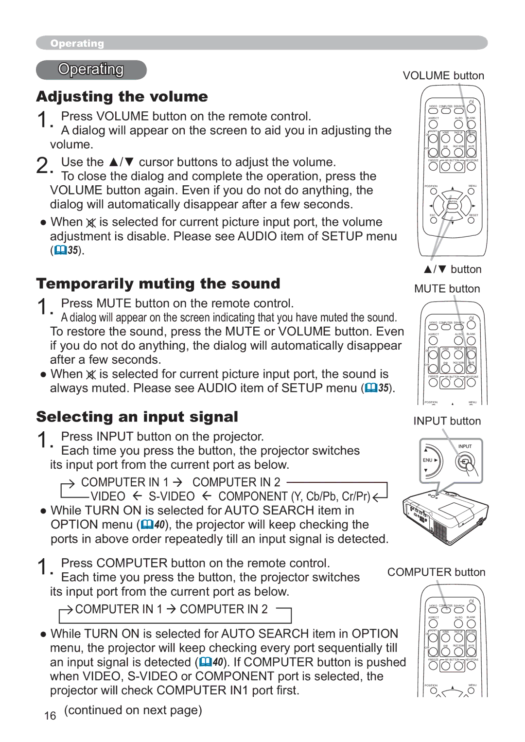 Hitachi CP-X305, CP-X205 user manual Adjusting the volume, Temporarily muting the sound, Selecting an input signal 