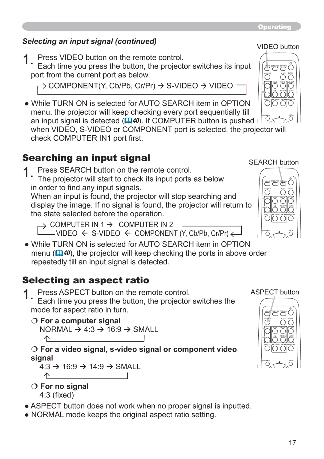 Hitachi CP-X205 Searching an input signal, Selecting an aspect ratio, Selecting an input signal, € For a computer signal 