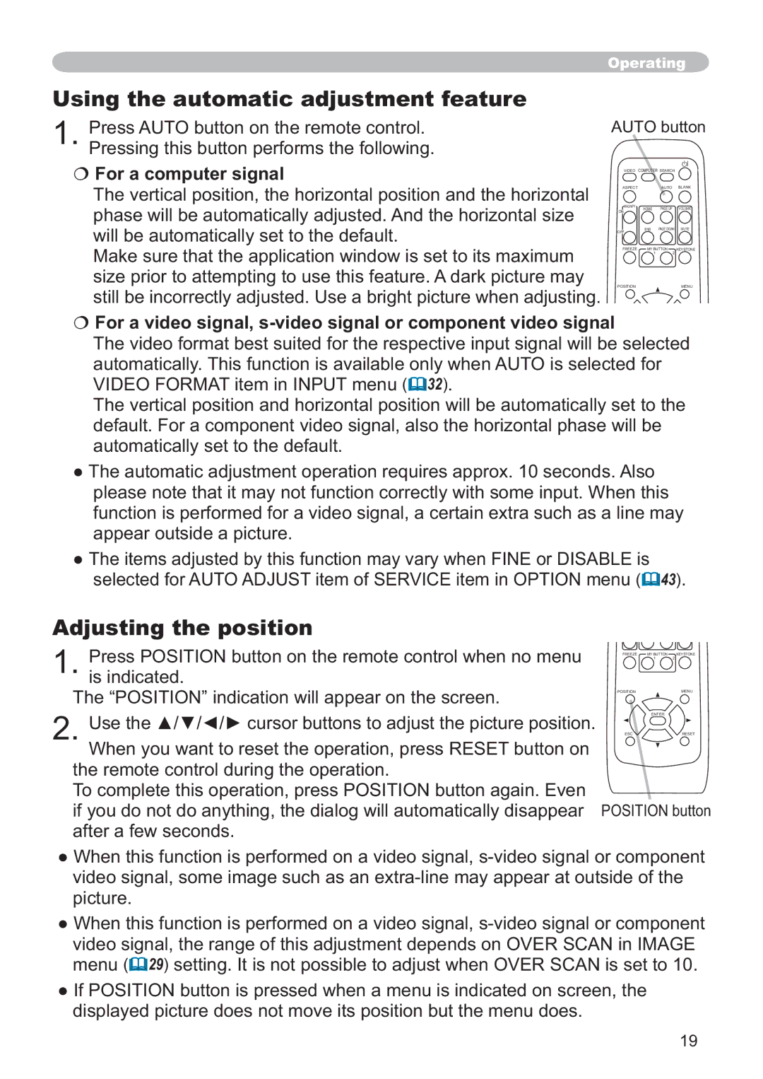 Hitachi CP-X205, CP-X305 user manual Using the automatic adjustment feature, Adjusting the position 