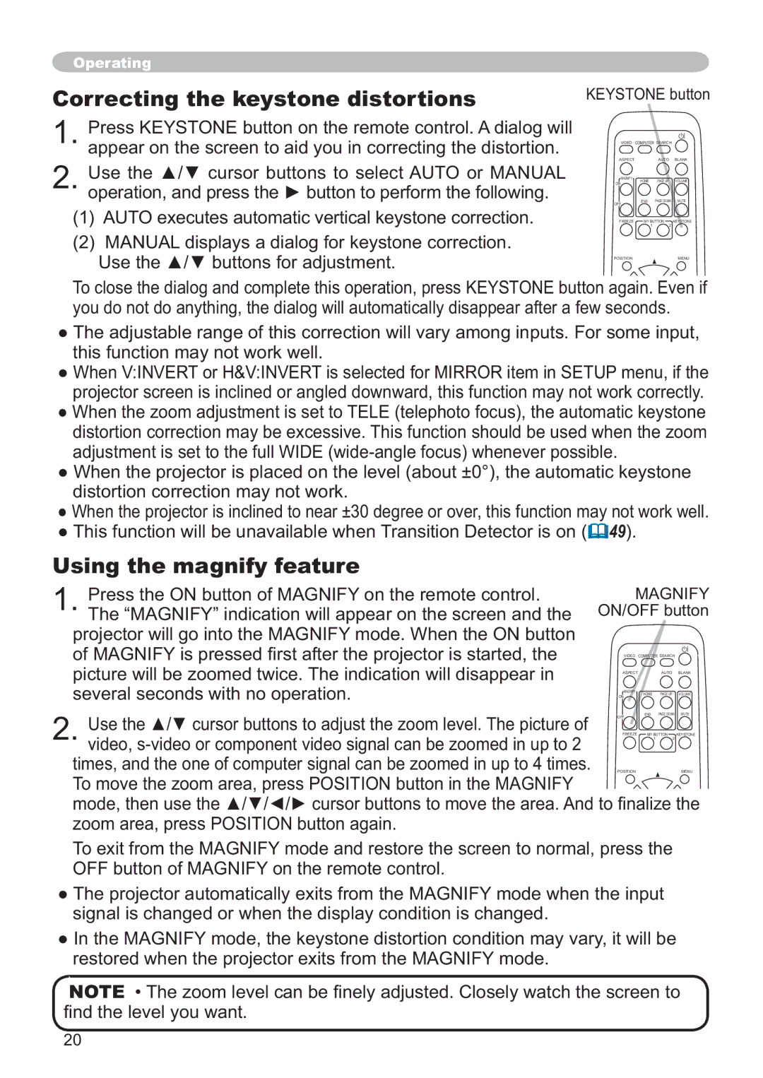 Hitachi CP-X305, CP-X205 Correcting the keystone distortions, Using the magnify feature, WklvIxqfwlrqPd\QrwZrunZhoo 