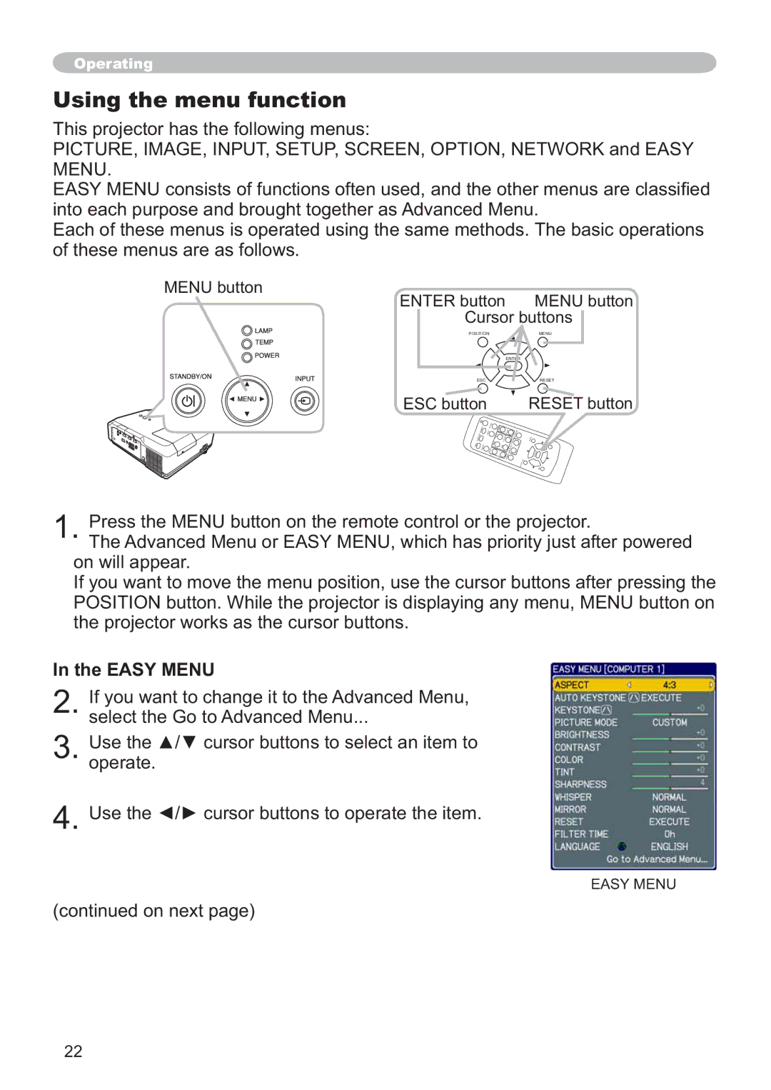 Hitachi CP-X305, CP-X205 user manual Using the menu function, Easy Menu 