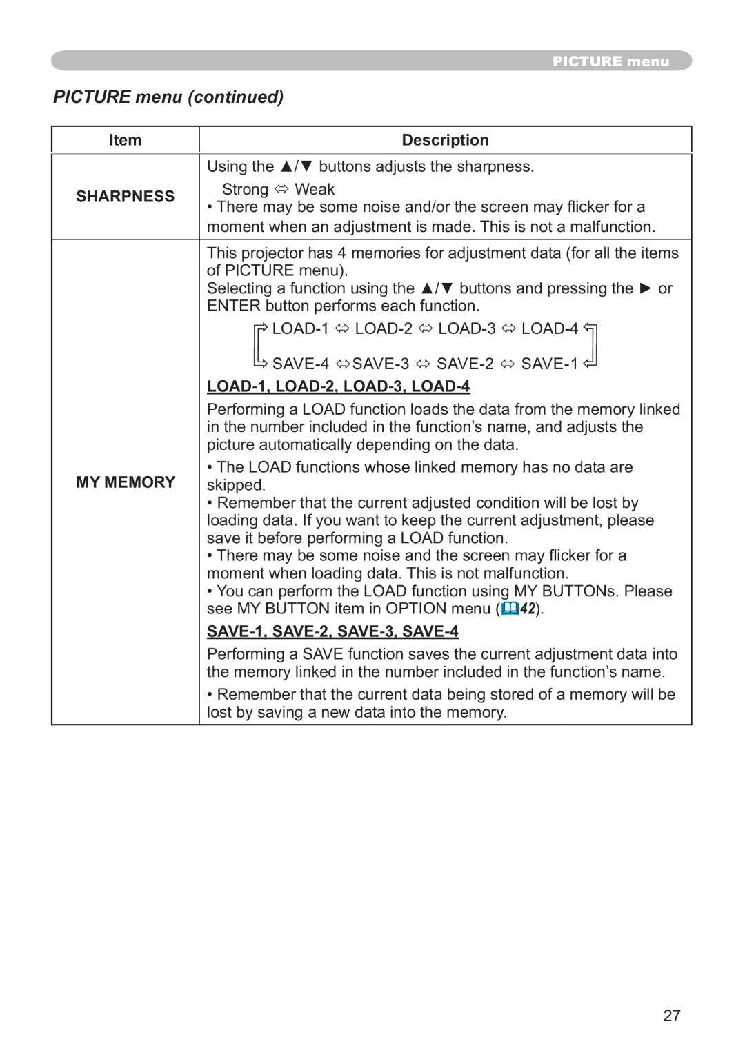 Hitachi CP-X205, CP-X305 user manual Picture menu 