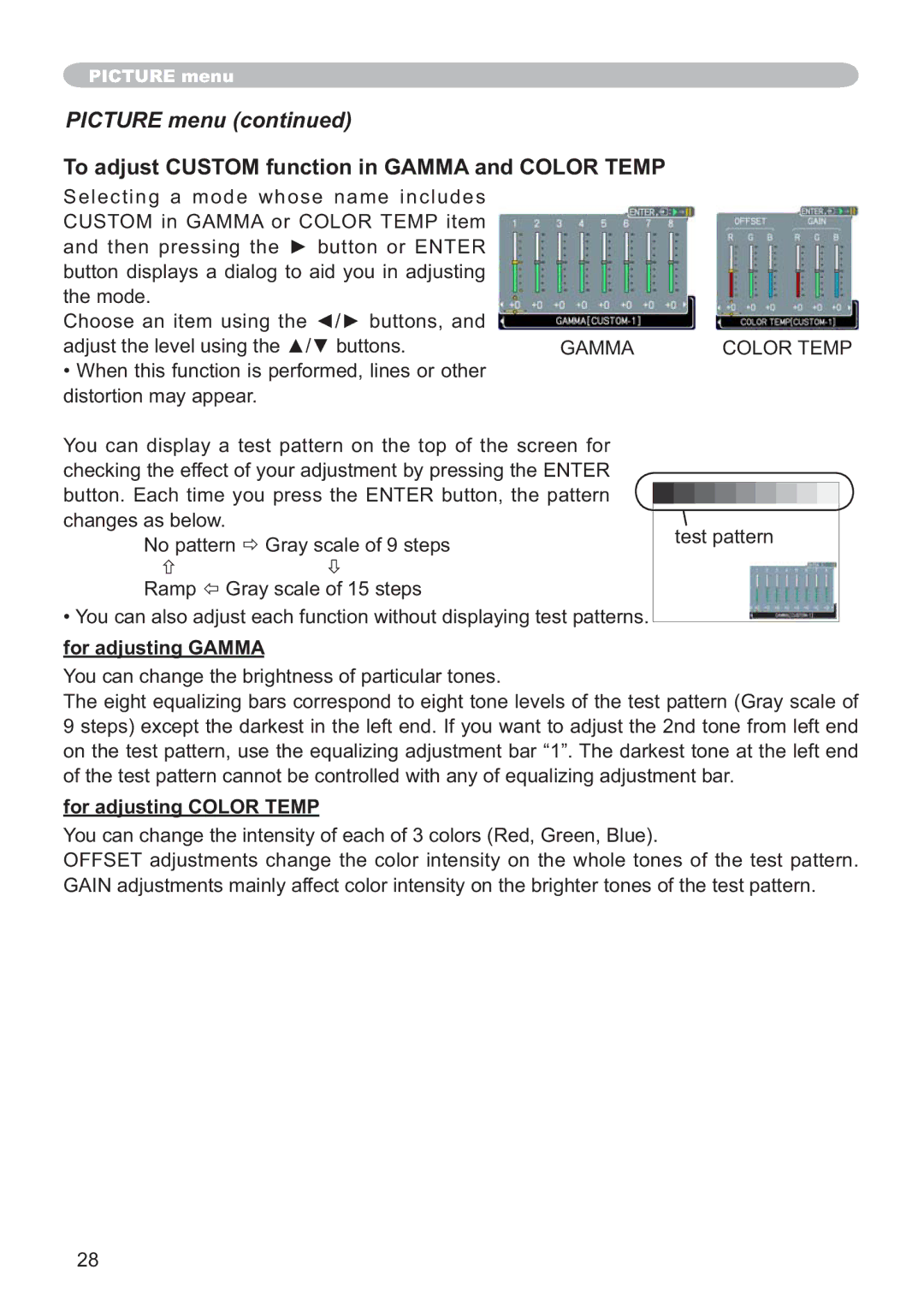 Hitachi CP-X305, CP-X205 To adjust Custom function in Gamma and Color Temp, For adjusting Gamma, For adjusting Color Temp 