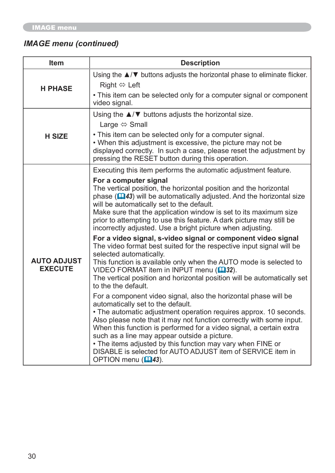 Hitachi CP-X305, CP-X205 user manual Image menu 