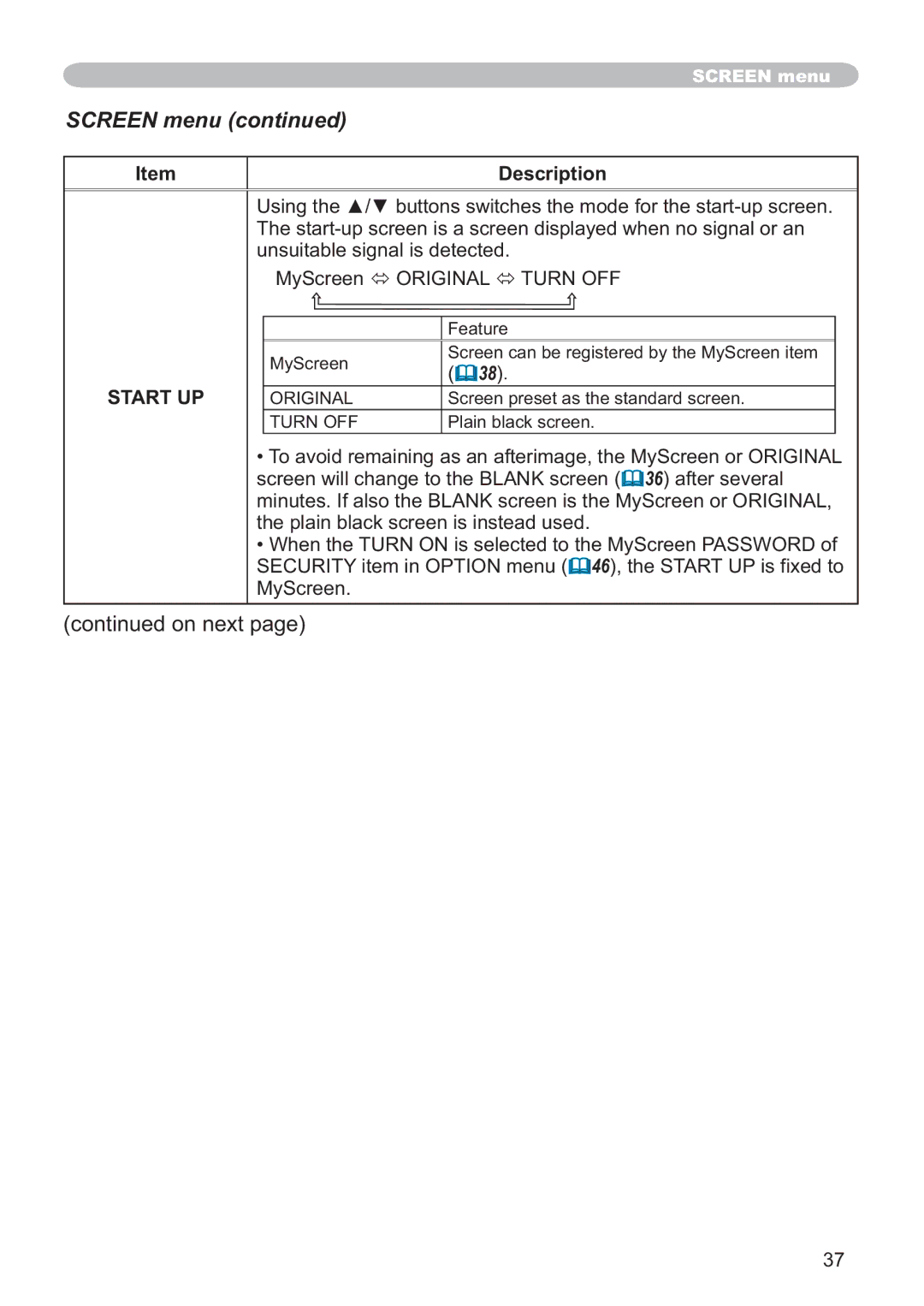 Hitachi CP-X205, CP-X305 user manual Screen menu, Start UP, 3ODLQEODFNVFUHHQ 