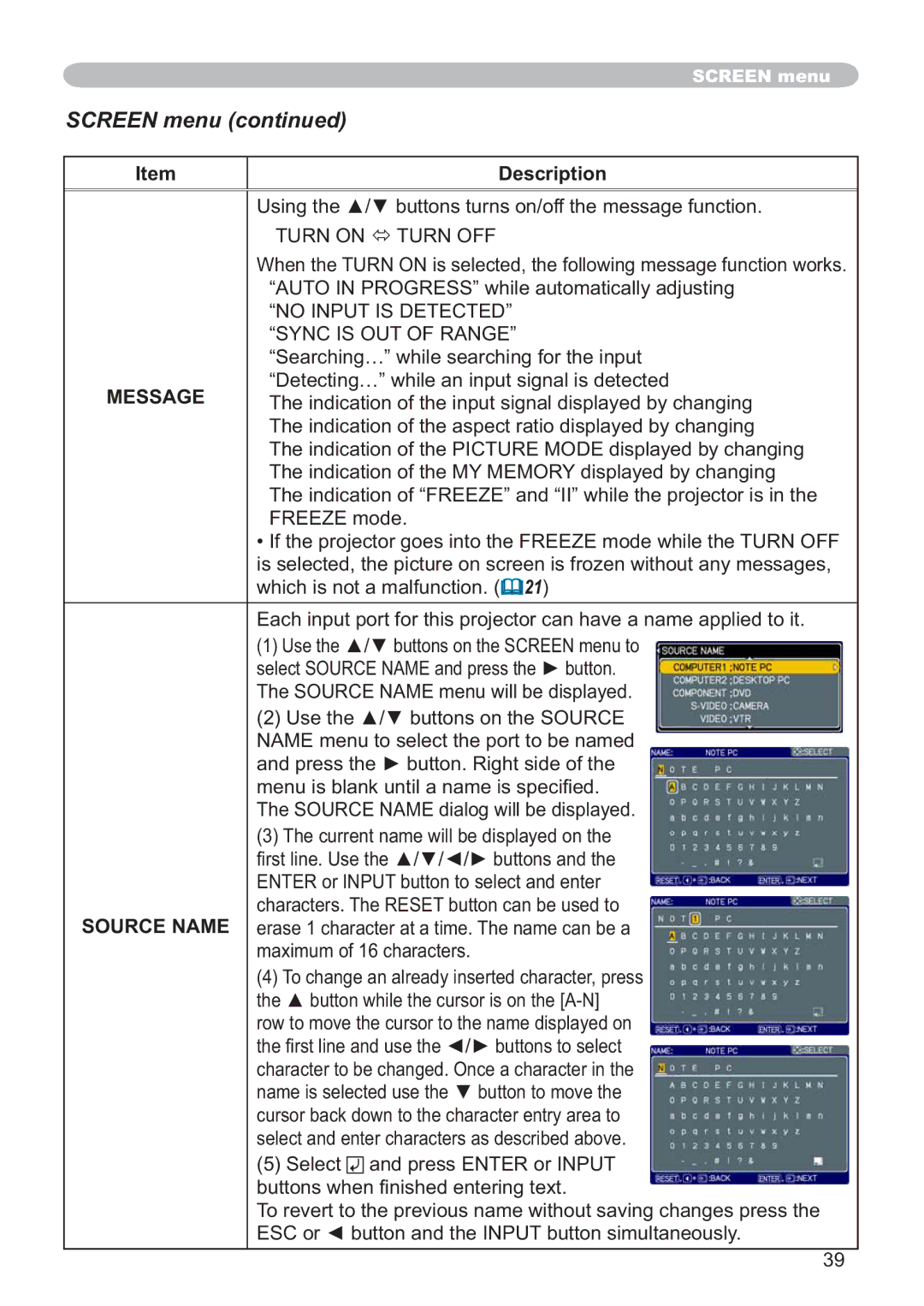 Hitachi CP-X205, CP-X305 user manual Message, Source Name 