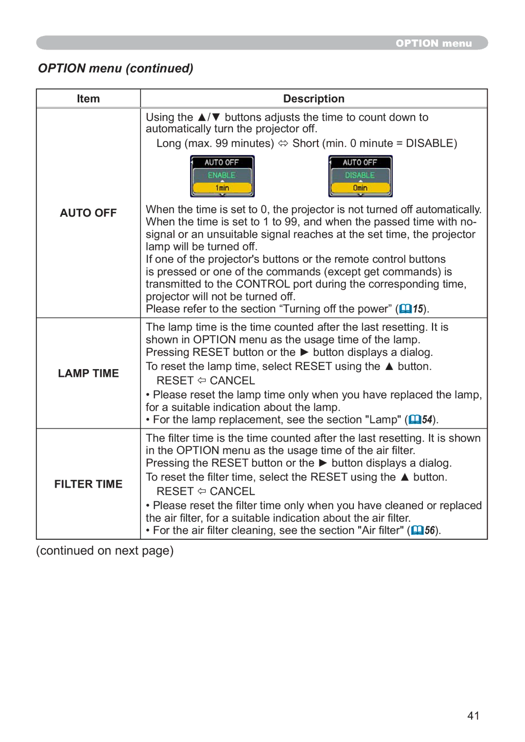 Hitachi CP-X205, CP-X305 user manual Option menu, Auto OFF, Lamp Time, Filter Time 