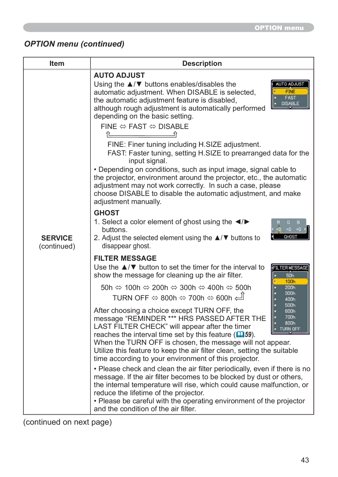 Hitachi CP-X205, CP-X305 user manual Auto Adjust, Ghost, Filter Message 