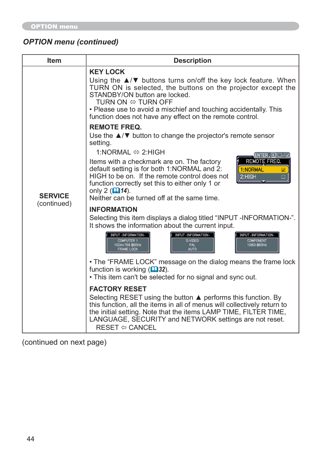 Hitachi CP-X305, CP-X205 user manual KEY Lock, Remote Freq, Vhwwlqj, 1250$/Ù+,*+, Factory Reset 