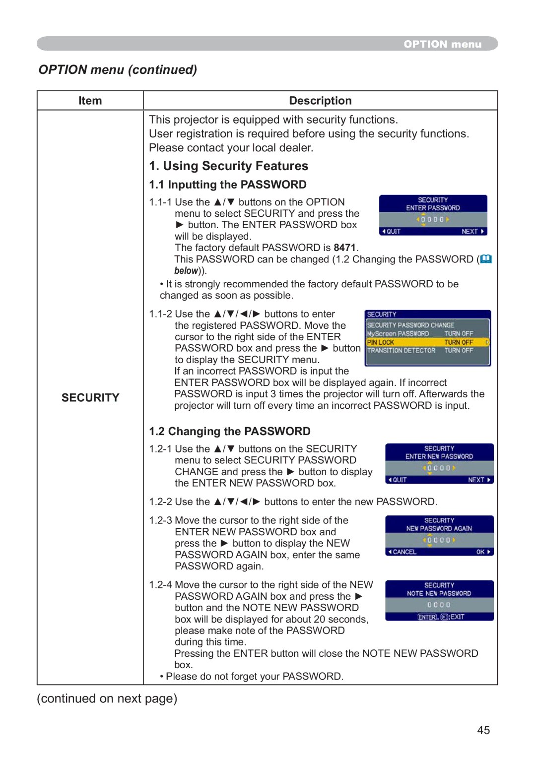 Hitachi CP-X205 Using Security Features, 3OHDVHFRQWDFW\RXUORFDOGHDOHU, Inputting the Password, Changing the Password 