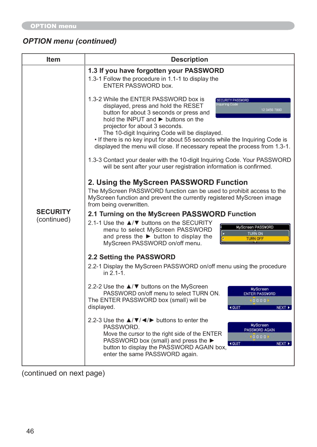 Hitachi CP-X305, CP-X205 Using the MyScreen Password Function, If you have forgotten your Password, Setting the Password 