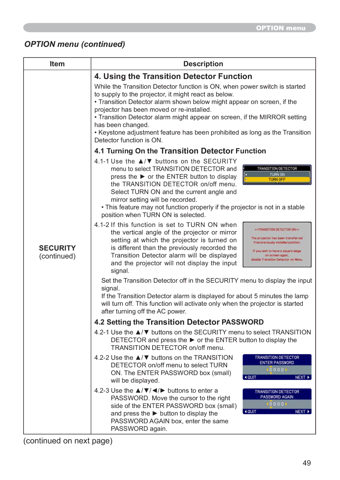 Hitachi CP-X205, CP-X305 user manual Using the Transition Detector Function, Turning On the Transition Detector Function 