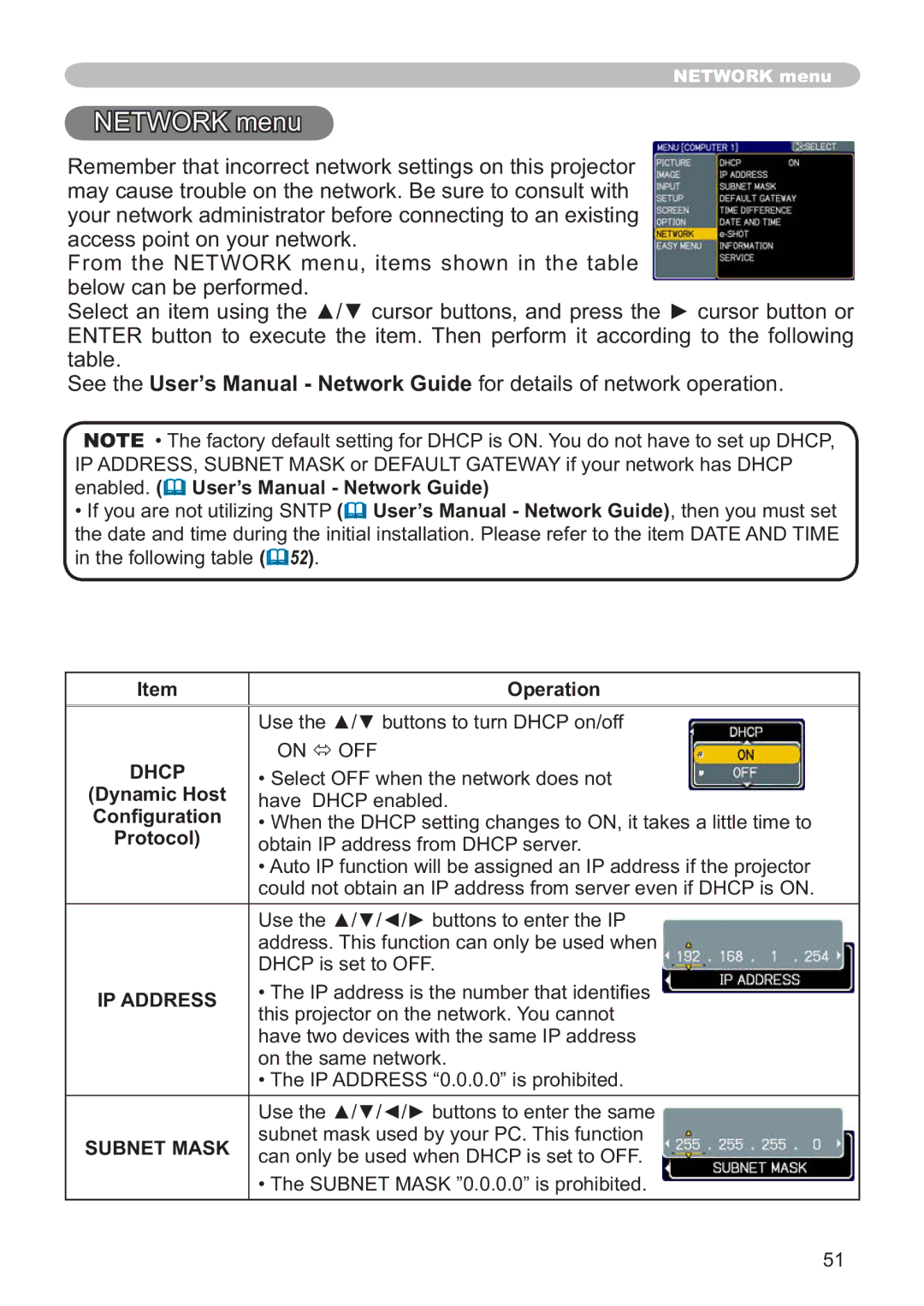 Hitachi CP-X205, CP-X305 user manual 1725.PHQX, DffhvvSrlqwRq\RxuQhwzrun, Dhcp, IP Address, Subnet Mask 