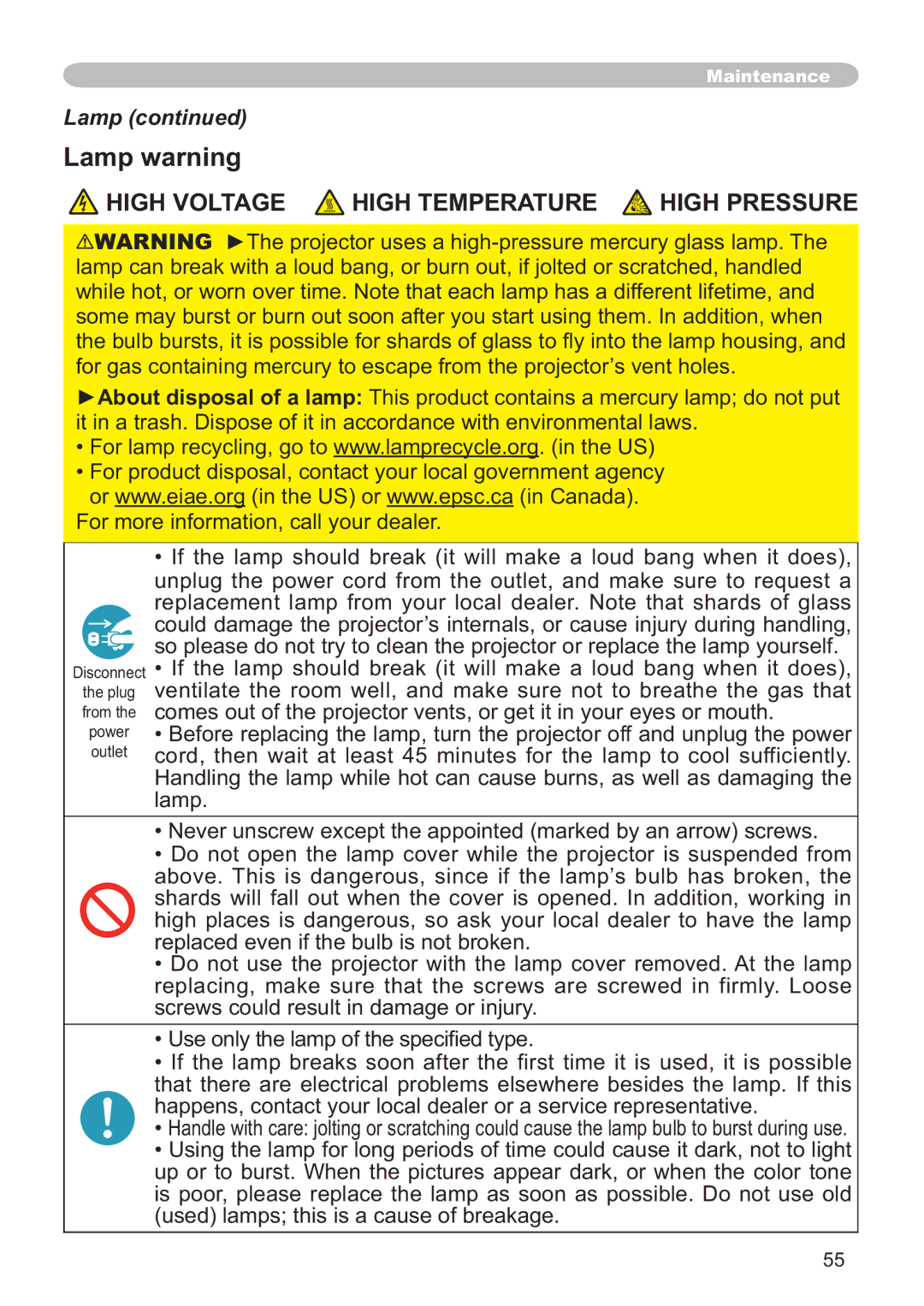 Hitachi CP-X205, CP-X305 user manual Lamp warning, Odps, 8VHRQO\WKHODPSRIWKHVSHFL¿HGW\SH 