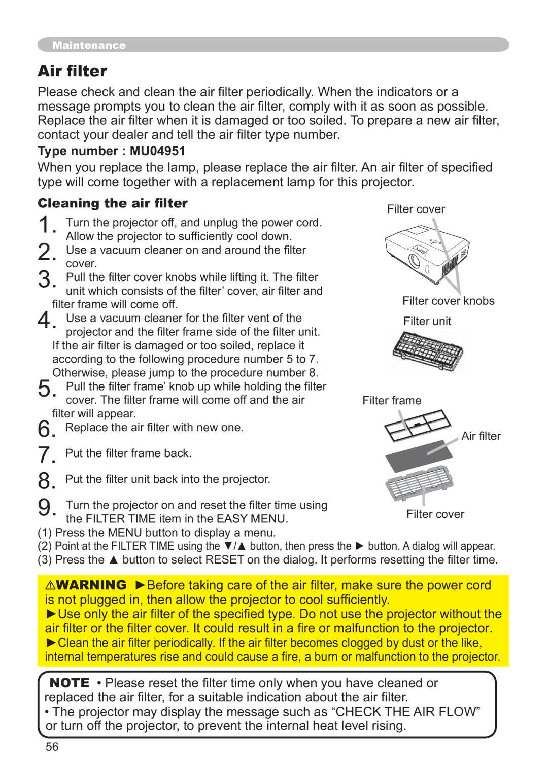 Hitachi CP-X305, CP-X205 user manual $LuÀowhu, Frqwdfw\RxuGhdohuDqgWhooWkhDlu¿OwhuW\ShQxpehu, Type number MU04951 